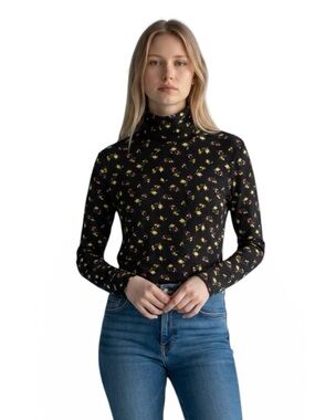 Current Women's Soft Turtleneck Shirt Sweater Black Floral Large